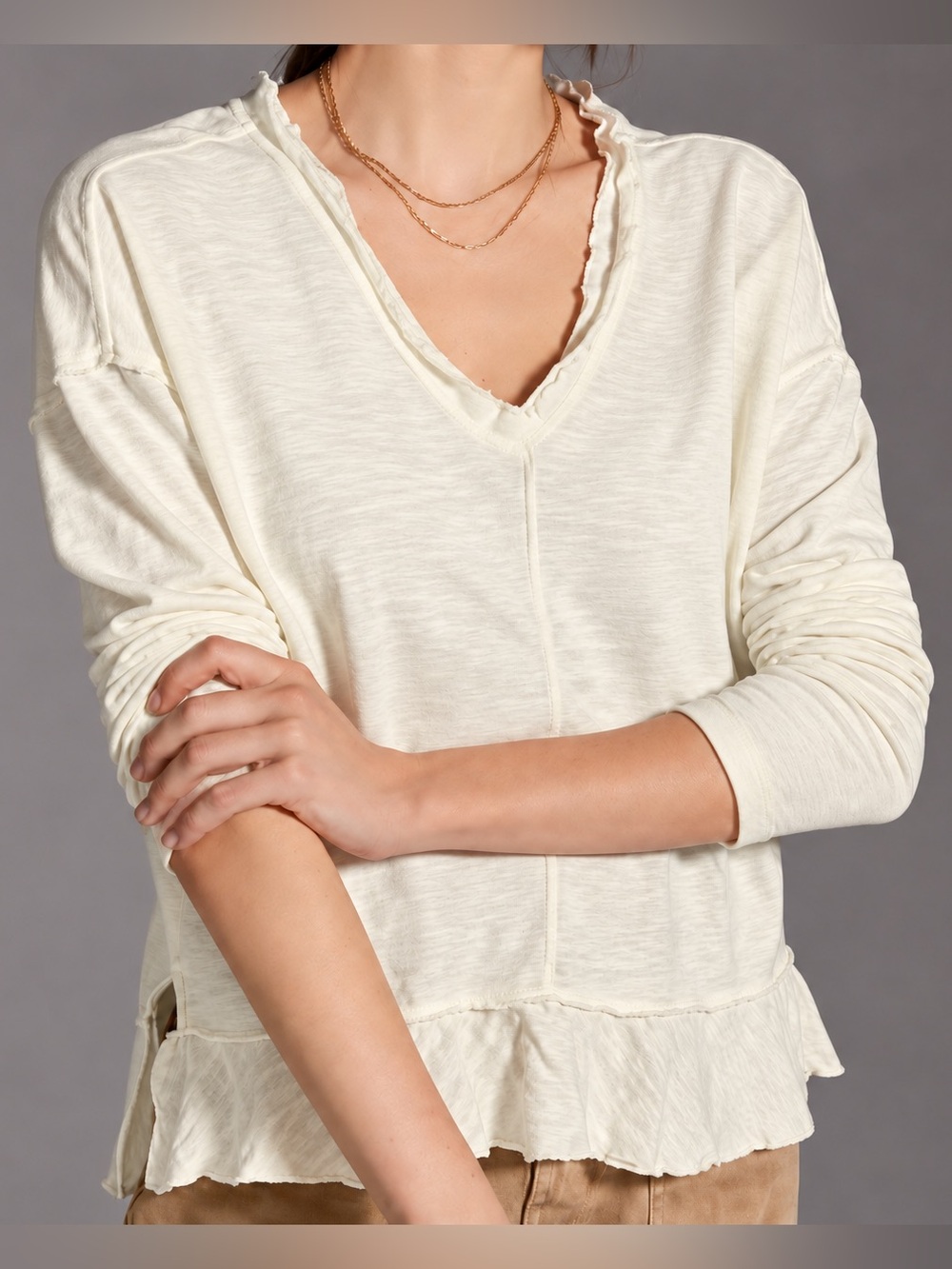 Pilcro Anthropologie Ruffle-Hem Vneck Longsleeve